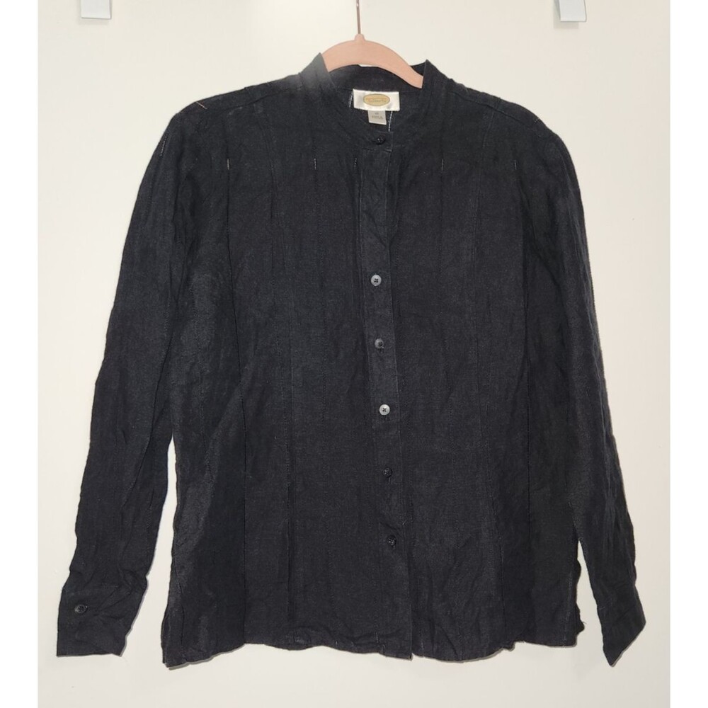 Talbots Womens Sz 10 Linen Blend Mandarin Collar Button Front Long Sleeve Black